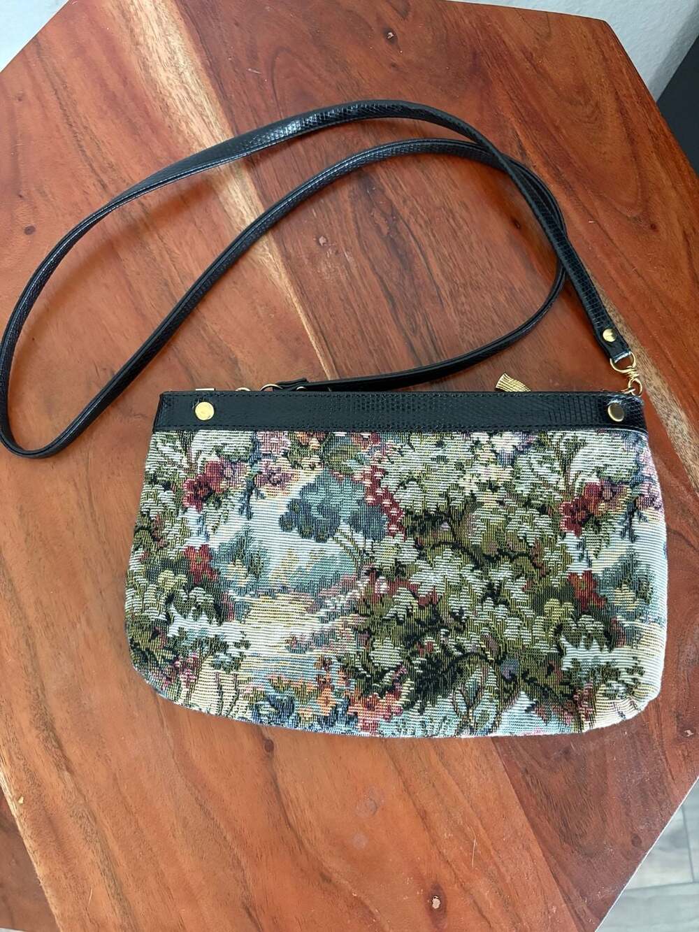 Vintage Floral Tapestry Crossbody Bag Faux Black Leather Trim